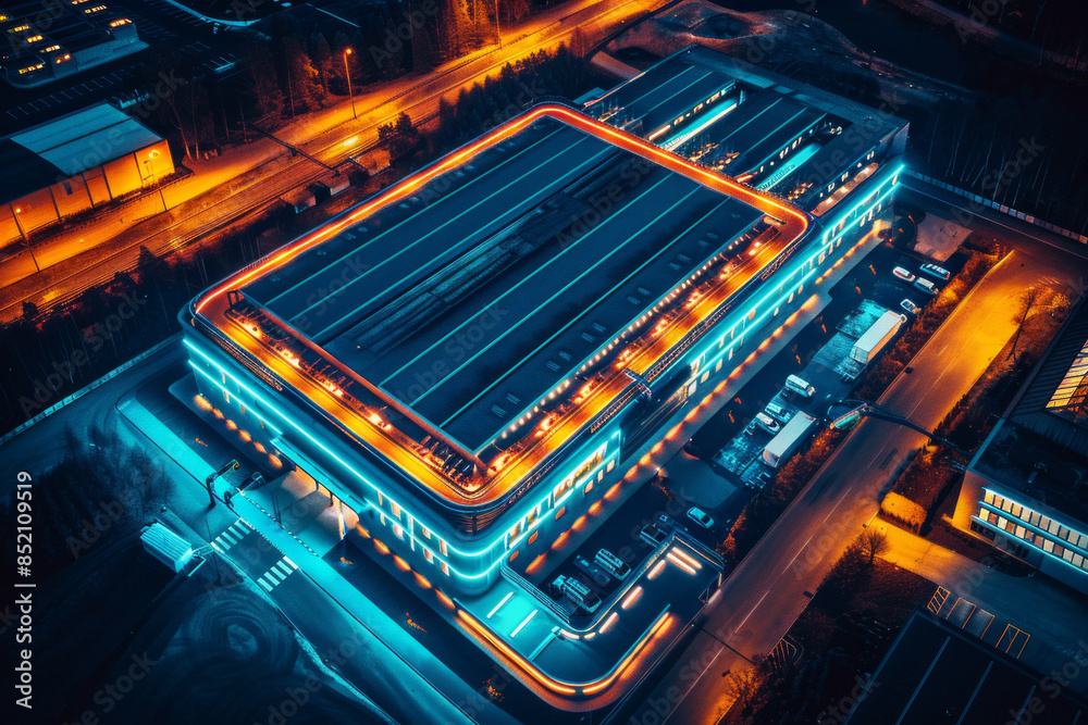 Aerial view of a data center at night, with its exterior illuminated by strategic lighting. Aerial view of a data center at night, with its exterior illuminated by strategic lighting.