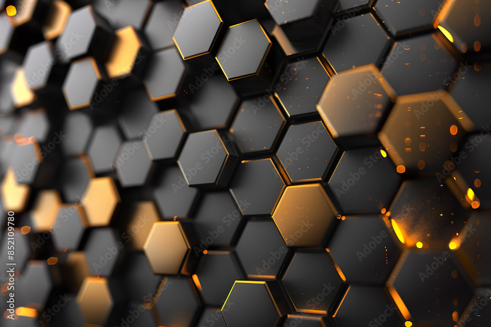 A black and gold hexagonal pattern with a yellow hue A black and gold hexagonal pattern with a yellow hue
