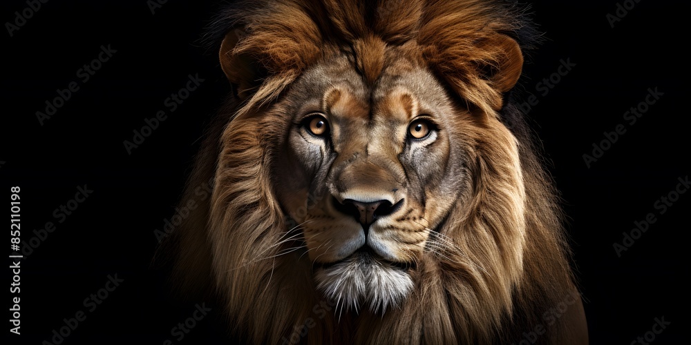 Naklejka premium Lion king Portrait on black background, Portrait of majestic lion Magnificent