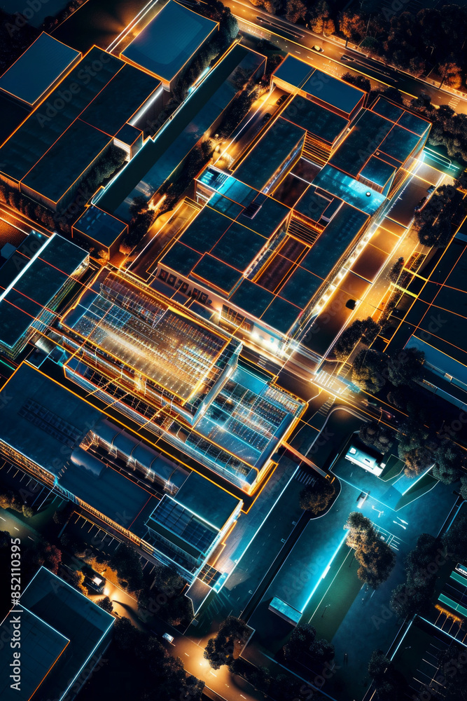 Aerial view of a data center at night, with its exterior illuminated by strategic lighting. Aerial view of a data center at night, with its exterior illuminated by strategic lighting.