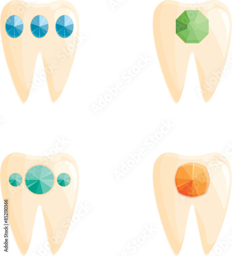 Tooth decoration icons set cartoon vector. Human tooth decorated with gem. Aesthetic dentistry