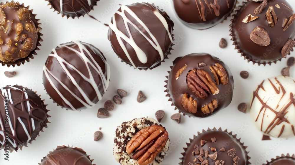 Celebrate World Chocolate Day with a delectable assortment of chocolate treats topped with delightful nuts against a pristine white backdrop Celebrate World Chocolate Day with a delectable assortment of chocolate treats topped with delightful nuts against a pristine white backdrop