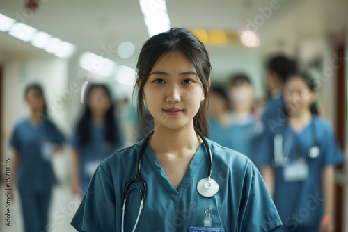 Portrait of young chinese woman nurse or a doctor intern with colleagues. High quality photo Free Download Portrait of young chinese woman nurse or a doctor intern with colleagues. High quality photo - GFXLoad