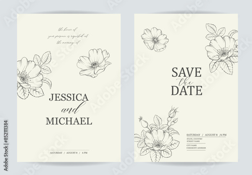 Luxurious vintage card of rose flower. Rosehip vector illustration.