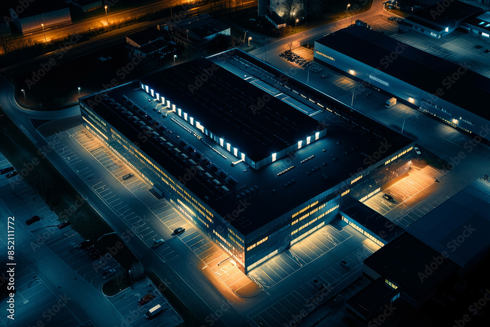 Aerial view of a data center at night, with its exterior illuminated by strategic lighting. Aerial view of a data center at night, with its exterior illuminated by strategic lighting.