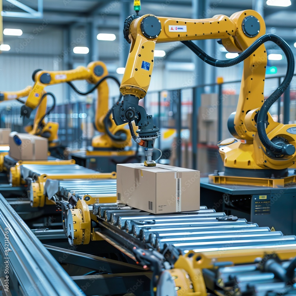 Warehouse automation, robotic arms sorting packages in a warehouse, representing the automation trend in industry with space for custom message. Generative AI Warehouse automation, robotic arms sorting packages in a warehouse, representing the automation trend in industry with space for custom message. Generative AI