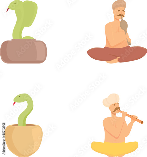 Set of vector illustrations featuring a traditional snake charmer and cobras in baskets