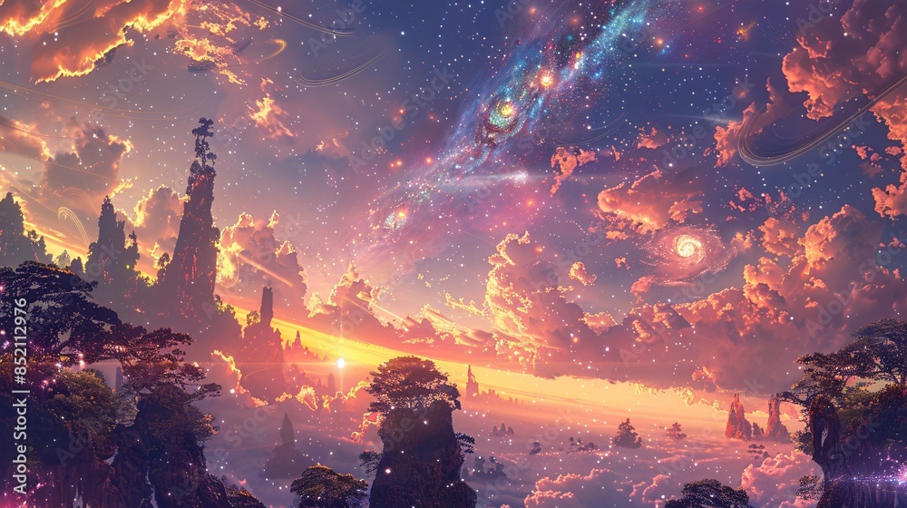 A colorful sky with a rainbow and stars A colorful sky with a rainbow and stars