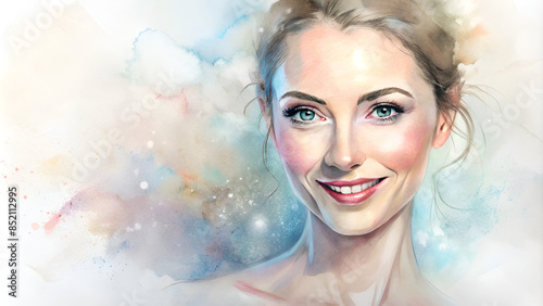 Woman smiling while touching her flawless glowy skin with copy space for your advertisement, skincare Ai generative
