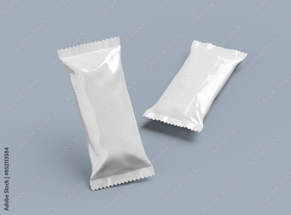 Naklejka premium 3D render for a glossy generic, sealed ice-cream packaging bag with crimped edges on a light background