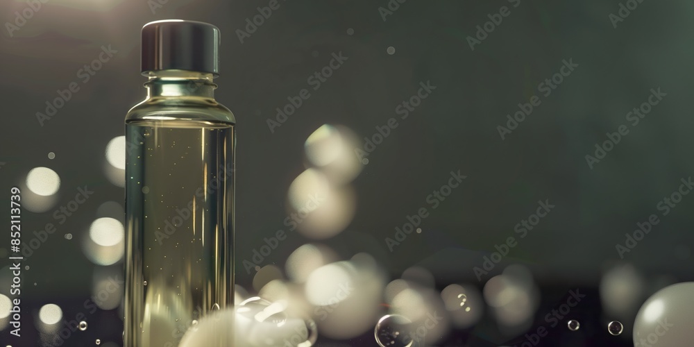Bottle light green smooth plastic transparent of tonic and bubbles. Recycle material, liquid inside Bottle light green smooth plastic transparent of tonic and bubbles. Recycle material, liquid inside