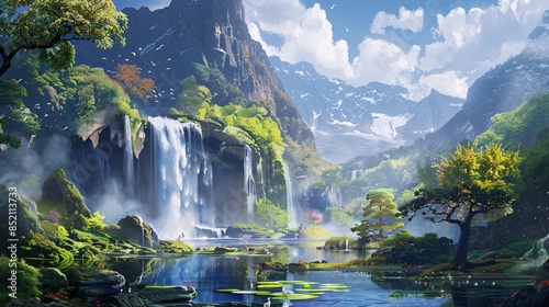 A beautiful landscape with a waterfall and mountains in the background