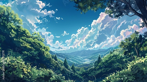 A beautiful landscape with a blue sky and green trees