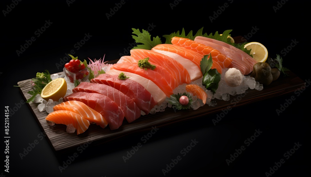 Sushi Set sashimi and sushi rolls served on stone slate, Various kinds of sushi served on black stone, A sushi set featuring sashimi and sushi rolls elegantly