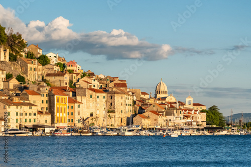 Cityscape of the Sibenik old town at sunset in Dalmatia region of Croatia.