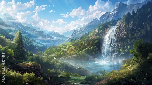 A beautiful mountain landscape with a waterfall in the foreground
