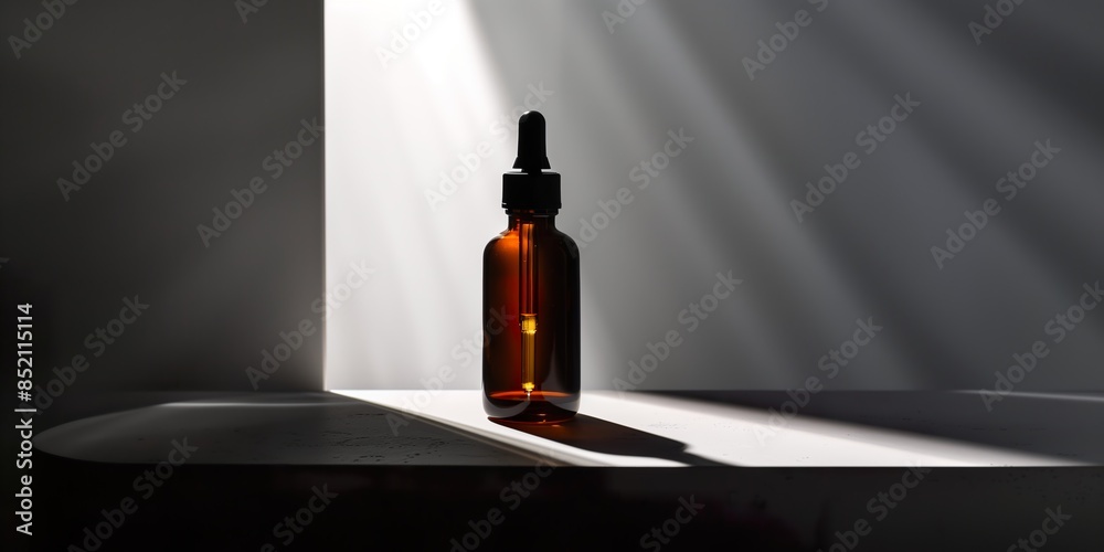 Beauty bottle of gold serum art photo. Dark key of light painting on background,, glass , liquid Beauty bottle of gold serum art photo. Dark key of light painting on background,, glass , liquid