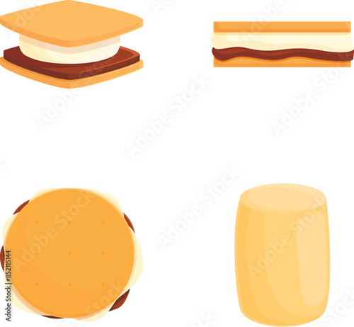 Collection of four cartoonstyle fast food items including a sandwich, smores, burger, and a drink