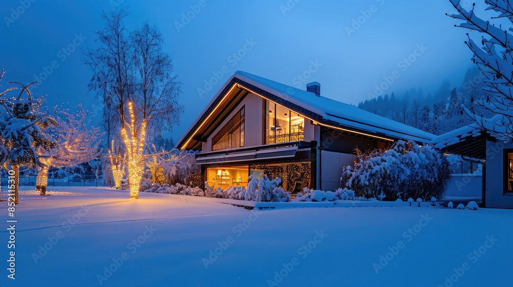 A snowy evening at a villa, the exterior decorated with minimalistic, modern holiday lights that outline the architectural beauty without overwhelming the natural winter aesthetics.