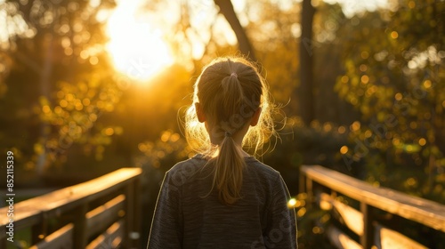 A young girl standing on a wooden bridge facing away from the camera in the park during sunset