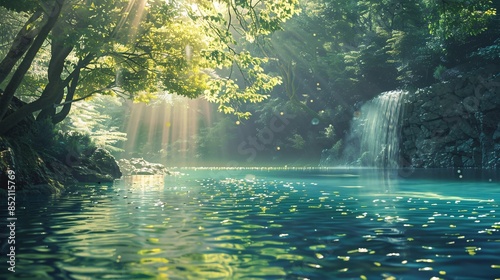 A waterfall is flowing into a body of water