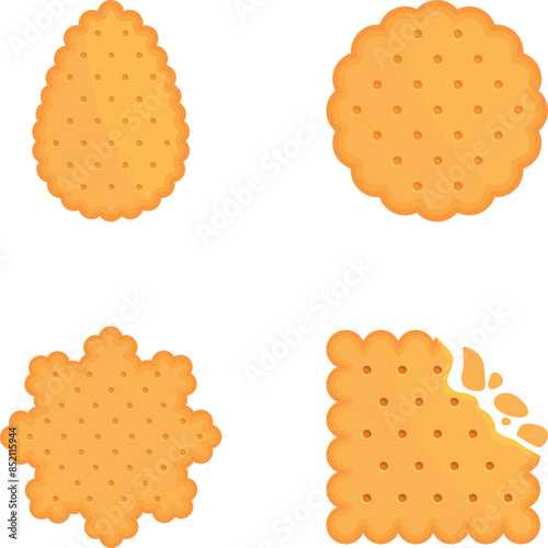 Assorted collection of delicious cracker shapes set for snacking and teatime. Isolated on a clean background. Featuring a variety of tasty. Crunchy. And savoury flat. Round. Square. Top view