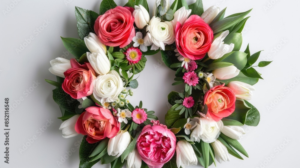 Create a stunning flat lay composition by arranging a wreath featuring vibrant pink and red roses or ranunculus white tulips and lush green leaves against a crisp white backdrop Capture the Create a stunning flat lay composition by arranging a wreath featuring vibrant pink and red roses or ranunculus white tulips and lush green leaves against a crisp white backdrop Capture the