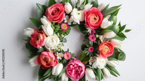 Create a stunning flat lay composition by arranging a wreath featuring vibrant pink and red roses or ranunculus white tulips and lush green leaves against a crisp white backdrop Capture the