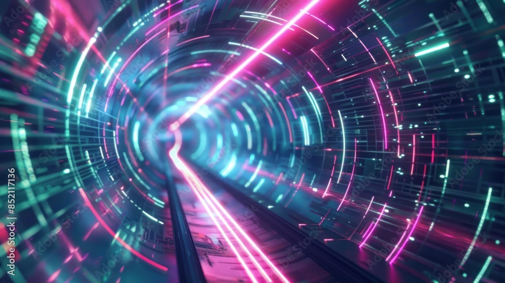 Fototapeta premium A tunnel with neon lights and a pink and blue color scheme.