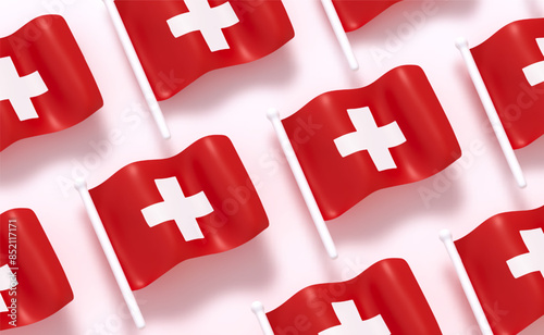Switzerland flag pattern background white red soft color. Realistic cartoon 3d style. Flag fabric effect texture flat top view. Vector illustration photo