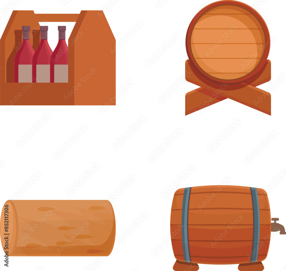 Vector set of wooden barrels and a carrier with bottles suitable for icons or logos Vector set of wooden barrels and a carrier with bottles suitable for icons or logos