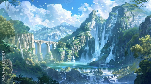 A beautiful landscape with a bridge and a waterfall