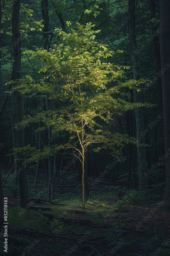 A single tree glowing softly in a dark, dense forest, providing light and hope amidst the shadows, symbolizing optimism in difficult times. A single tree glowing softly in a dark, dense forest, providing light and hope amidst the shadows, symbolizing optimism in difficult times.
