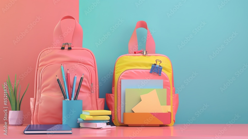 Banner design featuring a backpack with various colorful stationery items spread out on a table. Perfect for showcasing back-to-school themes or organizational tools.