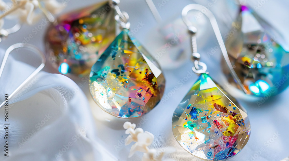 close-up photo of colorful resin-coated earrings, artisanal crafted jewelry design, hippie style close-up photo of colorful resin-coated earrings, artisanal crafted jewelry design, hippie style