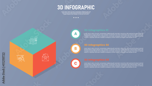 3 point stage or step infographic template with 3d isometric style shape with big cube and circle point stack for slide presentation