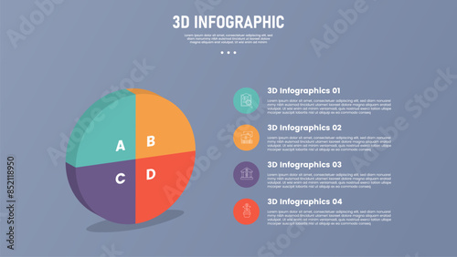 3 point stage or step infographic template with 3d isometric style shape with big circle standing piechart for slide presentation
