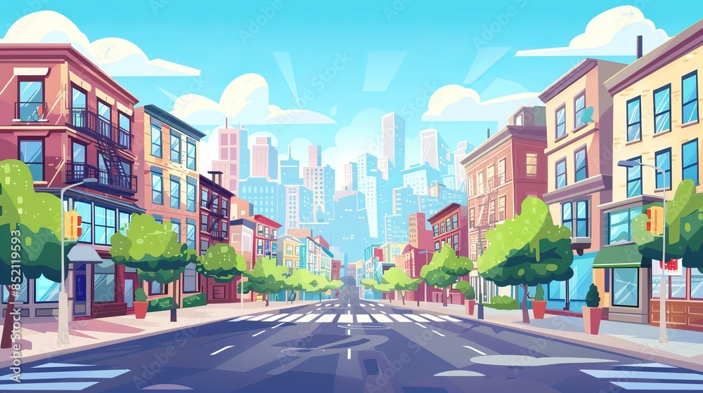 Obraz premium Vector illustration of a cityscape featuring a main street and sky background. This urban landscape depicts a daytime scene in a flat style, ideal for stock illustrations or urban-themed designs.