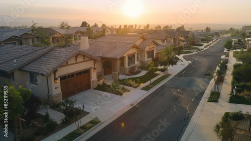 Aerial view of a tranquil suburban area with a Craftsman style house in sandy beige standing out amid empty, quiet streets under the early dawn light. © Faisal Ai