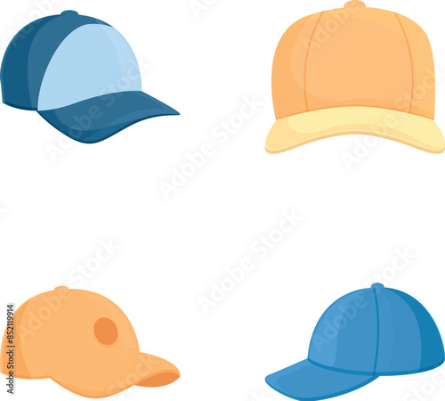 Collection of four baseball hats in different colors and angles, vector illustration