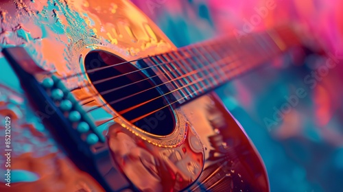 Close-up of a Wooden Acoustic Guitar with Colorful Lighting photo