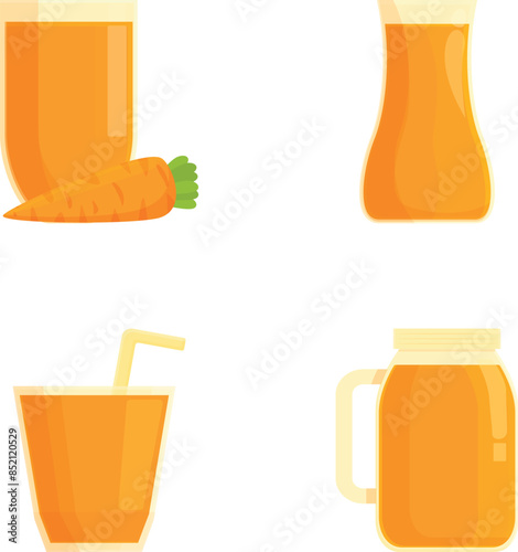 Collection of carrot juice graphics in different containers including a glass, jar, and jug