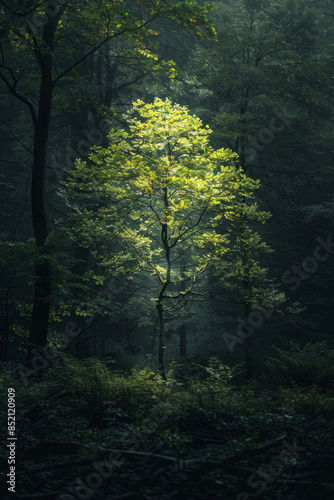 A single tree glowing softly in a dark, dense forest, providing light and hope amidst the shadows, symbolizing optimism in difficult times. 