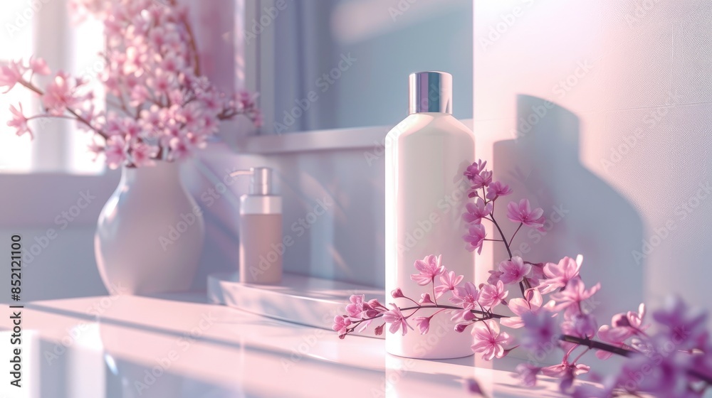 Cosmetic bottle in bathroom with space for copy Cosmetic bottle in bathroom with space for copy