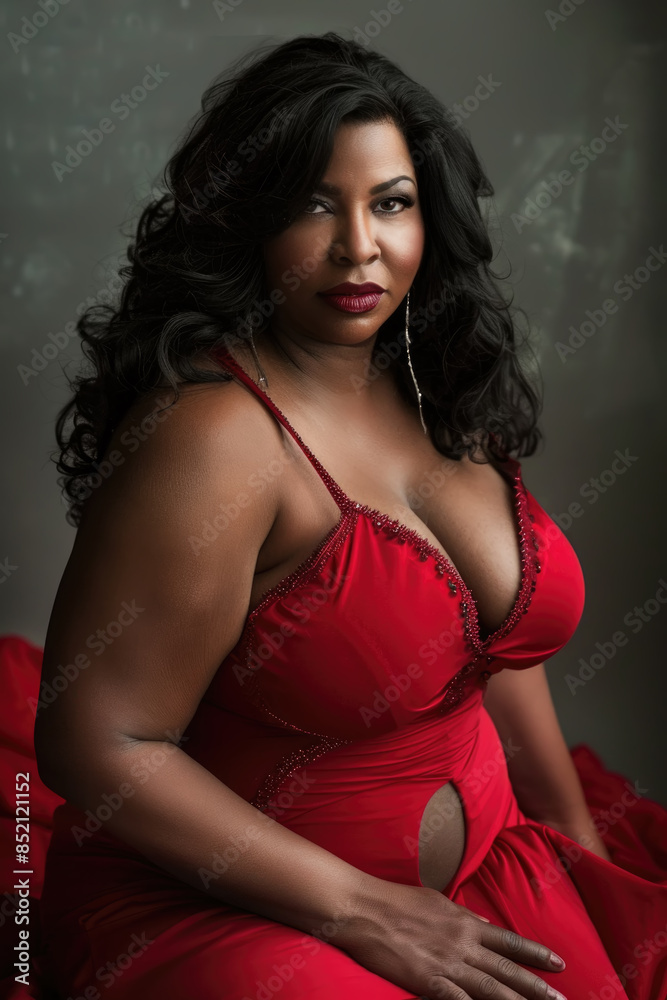 Overweight woman with long black hair wears a red dress while sitting and posing for a portrait session in a studio Overweight woman with long black hair wears a red dress while sitting and posing for a portrait session in a studio