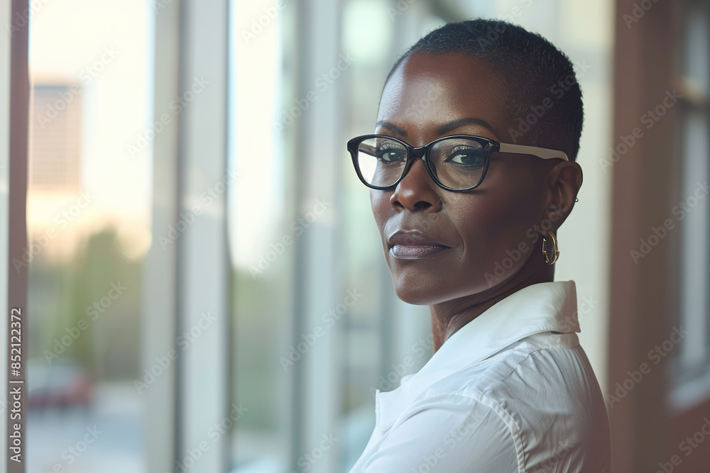 A woman with short hair and glasses stands in front of a window A woman with short hair and glasses stands in front of a window