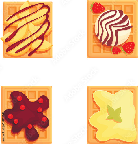 Set of belgian waffles with various delicious toppings, isolated on white