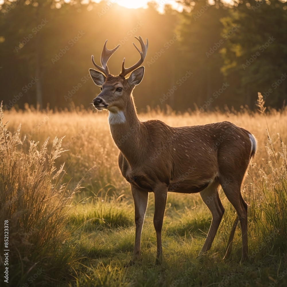 Fototapeta premium Majestic Deer at Sunset Graceful Wildlife in Tranquil Meadow