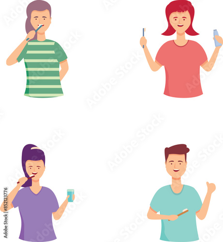 Collection of illustrations showing individuals brushing teeth, promoting dental care