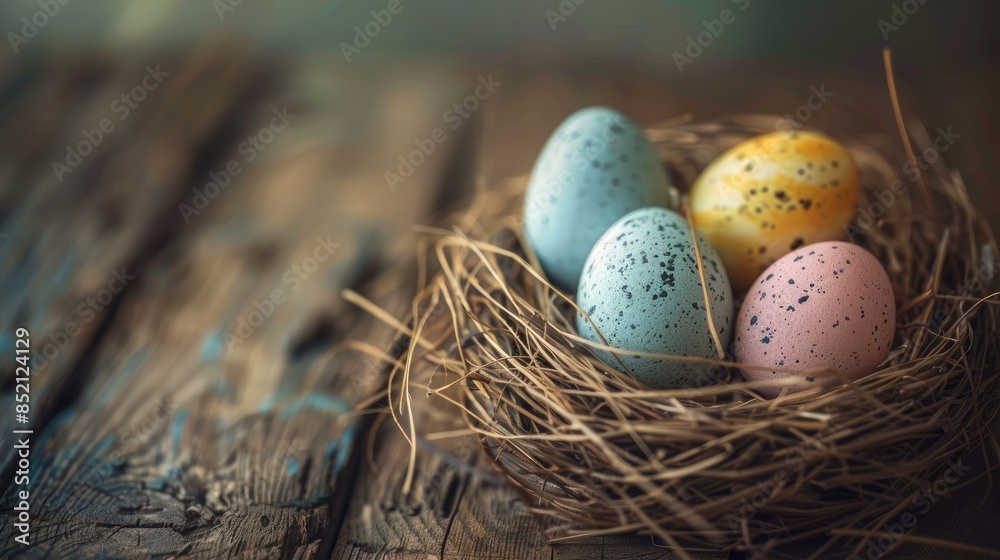 Obraz premium Easter Eggs in a Basket Nest with Straw Background